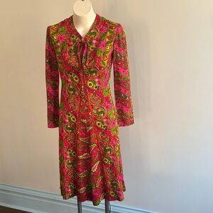 Vintage Floral Long Sleeve Dress - Pink and Green